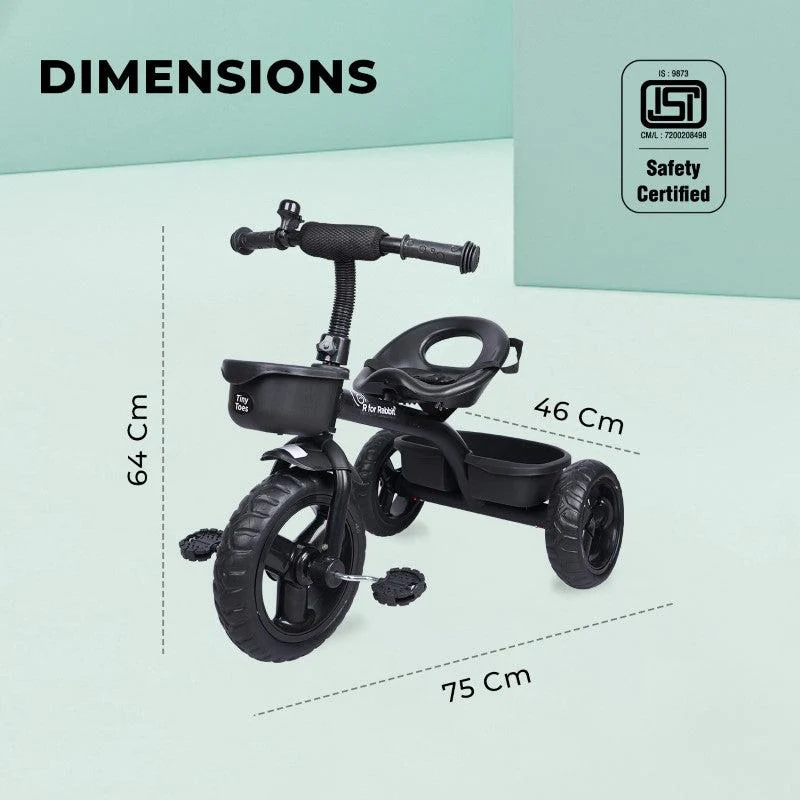 Tiny Toes T10 Ace Tricycle - Front & Back Basket, Seat Belt - Black - Image 5