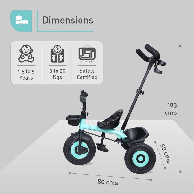 Tiny Toes T20 Ace Tricycle - 2 in 1, EVA Wheels, Adjustable Parental Control, Cup Holder, EVA Wheels, Front & Rear Basket, 1.5-5y - Lake Blue - Image 7