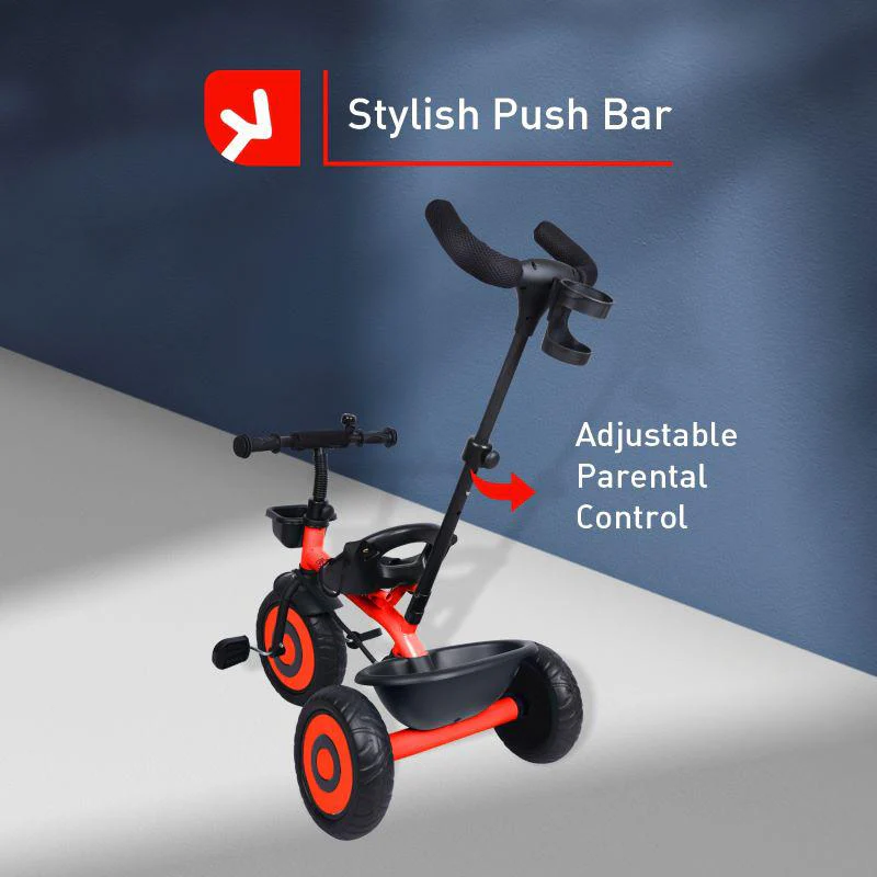 Tiny Toes T20 Ace Tricycle - 2 in 1, EVA Wheels, Adjustable Parental Control, Cup Holder, EVA Wheels, Front & Rear Basket, 1.5-5y - Red - Image 3