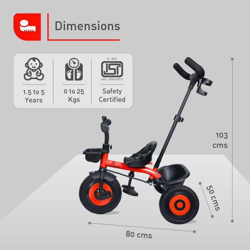 Tiny Toes T20 Ace Tricycle - 2 in 1, EVA Wheels, Adjustable Parental Control, Cup Holder, EVA Wheels, Front & Rear Basket, 1.5-5y - Red - Image 7