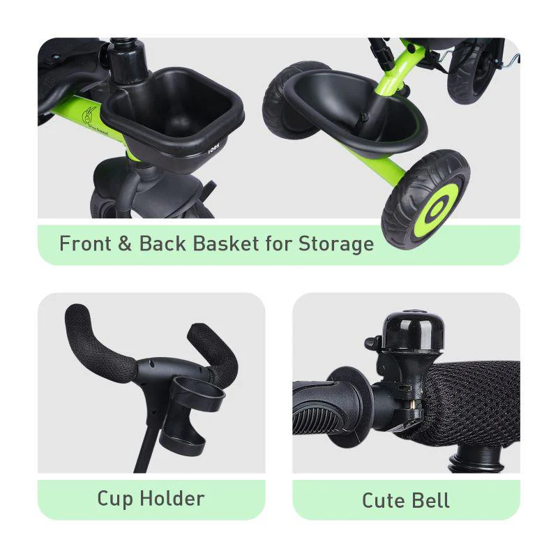Tiny Toes T20 Ace Tricycle - 2 in 1, EVA Wheels, Adjustable Parental Control, Cup Holder, EVA Wheels, Front & Rear Basket, 1.5-5y - Green - Image 6