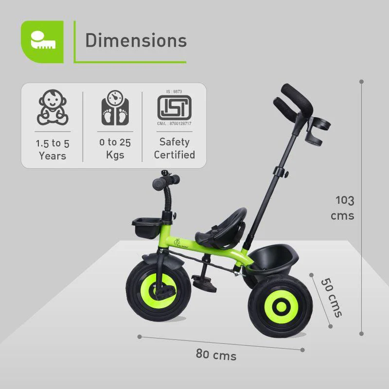 Tiny Toes T20 Ace Tricycle - 2 in 1, EVA Wheels, Adjustable Parental Control, Cup Holder, EVA Wheels, Front & Rear Basket, 1.5-5y - Green - Image 7