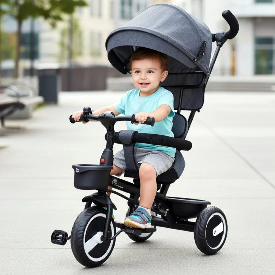 Tiny Toes T30 Ace Tricycle - 3 in 1, Adjustable Parental Control & Canopy, Front & Rear Basket - Grey