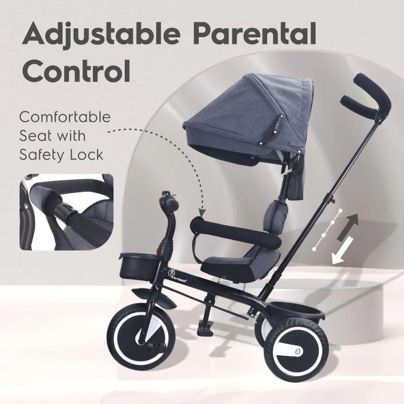 Tiny Toes T30 Ace Tricycle - 3 in 1, Adjustable Parental Control & Canopy, Front & Rear Basket - Grey - Image 3