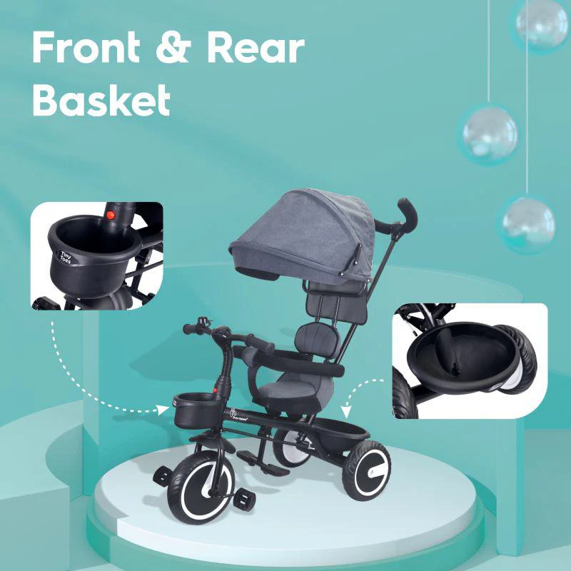 Tiny Toes T30 Ace Tricycle - 3 in 1, Adjustable Parental Control & Canopy, Front & Rear Basket - Grey - Image 4