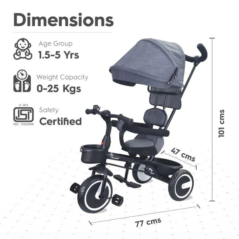 Tiny Toes T30 Ace Tricycle - 3 in 1, Adjustable Parental Control & Canopy, Front & Rear Basket - Grey - Image 7