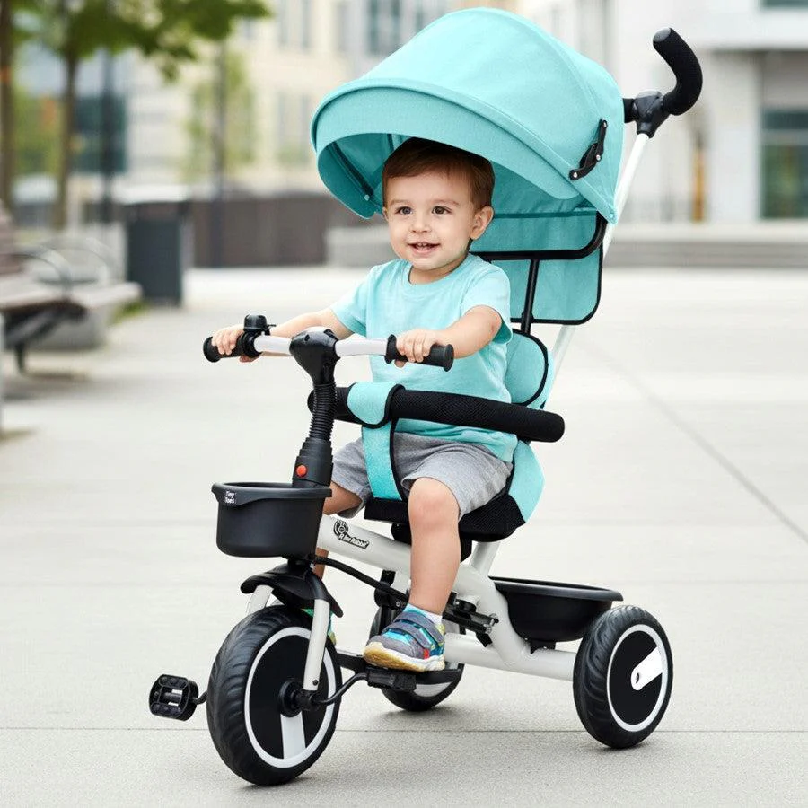 Tiny Toes T30 Ace Tricycle - 3 in 1, Adjustable Parental Control & Canopy, Front & Rear Basket - Lake Blue