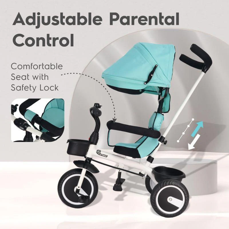 Tiny Toes T30 Ace Tricycle - 3 in 1, Adjustable Parental Control & Canopy, Front & Rear Basket - Lake Blue - Image 4