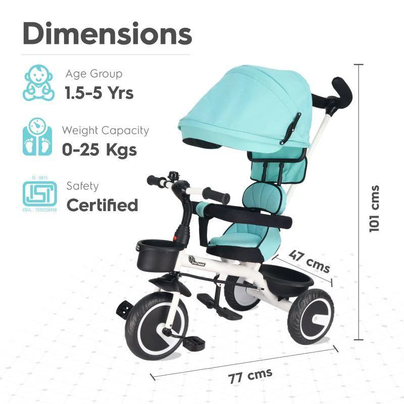 Tiny Toes T30 Ace Tricycle - 3 in 1, Adjustable Parental Control & Canopy, Front & Rear Basket - Lake Blue - Image 8