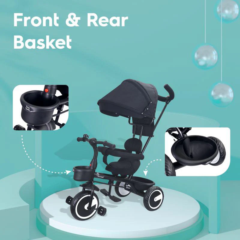 Tiny Toes T30 Ace Tricycle - 3 in 1, Adjustable Parental Control & Canopy, Front & Rear Basket - Black - Image 4