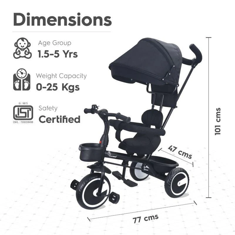Tiny Toes T30 Ace Tricycle - 3 in 1, Adjustable Parental Control & Canopy, Front & Rear Basket - Black - Image 5