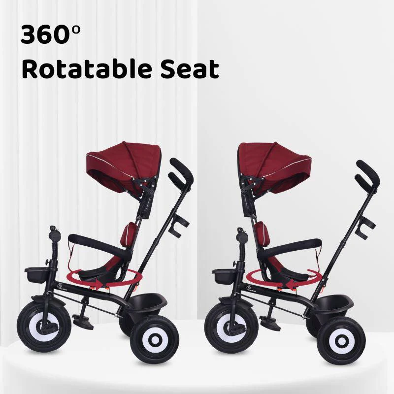 Tiny Toes T40 Ace Tricycle - EVA Wheels, 360 Rotatable Seat, Adjustable Canopy, Parental Control, Front & Rear Baskets - Maroon Black - Image 3