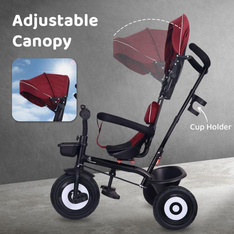 Tiny Toes T40 Ace Tricycle - EVA Wheels, 360 Rotatable Seat, Adjustable Canopy, Parental Control, Front & Rear Baskets - Maroon Black - Image 4