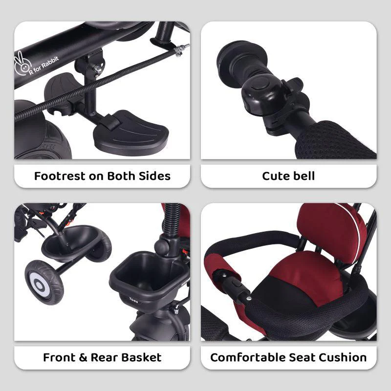 Tiny Toes T40 Ace Tricycle - EVA Wheels, 360 Rotatable Seat, Adjustable Canopy, Parental Control, Front & Rear Baskets - Maroon Black - Image 5