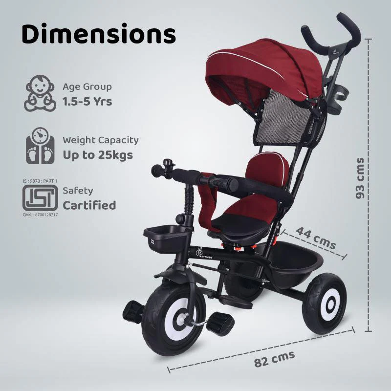 Tiny Toes T40 Ace Tricycle - EVA Wheels, 360 Rotatable Seat, Adjustable Canopy, Parental Control, Front & Rear Baskets - Maroon Black - Image 6