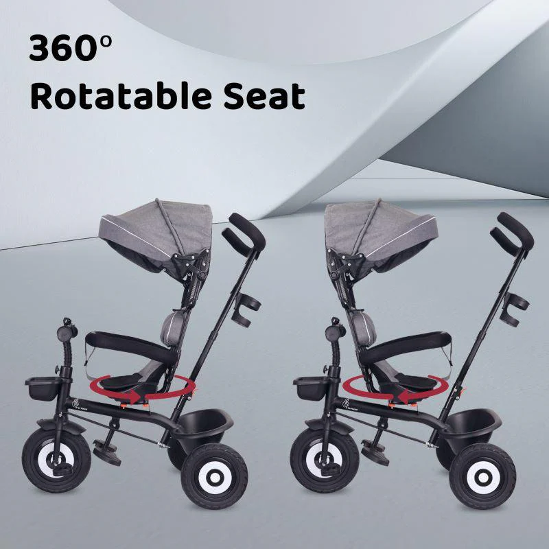 Tiny Toes T40 Plus Tricycle - Rubber Wheels, 360 Rotatable Seat, Adjustable Canopy, Parental Control, Front & Rear Baskets, 1.5-5 years - Grey Black - Image 3