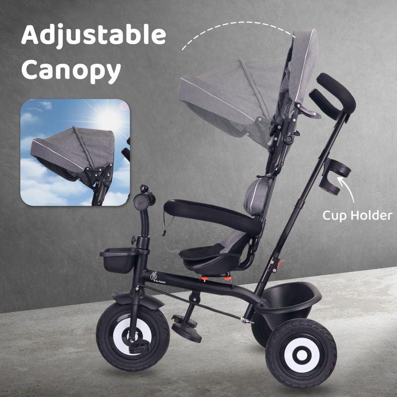 Tiny Toes T40 Plus Tricycle - Rubber Wheels, 360 Rotatable Seat, Adjustable Canopy, Parental Control, Front & Rear Baskets, 1.5-5 years - Grey Black - Image 4