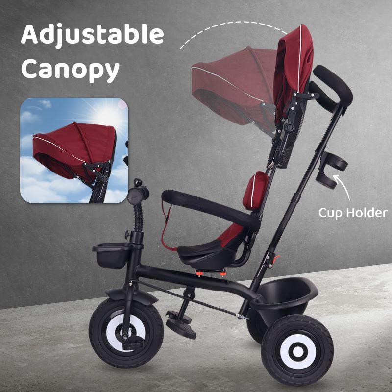 Tiny Toes T40 Plus Tricycle - Rubber Wheels, 360 Rotatable Seat, Adjustable Canopy, Parental Control, Front & Rear Baskets, 1.5-5 years - Maroon Black - Image 4