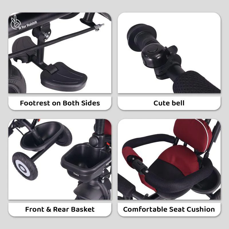 Tiny Toes T40 Plus Tricycle - Rubber Wheels, 360 Rotatable Seat, Adjustable Canopy, Parental Control, Front & Rear Baskets, 1.5-5 years - Maroon Black - Image 5