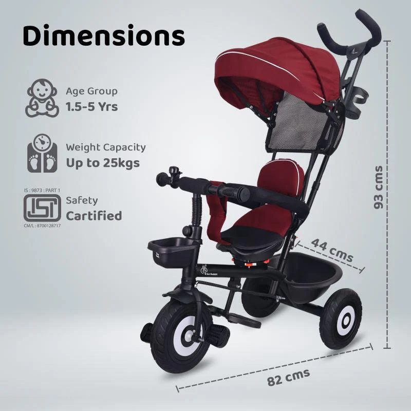 Tiny Toes T40 Plus Tricycle - Rubber Wheels, 360 Rotatable Seat, Adjustable Canopy, Parental Control, Front & Rear Baskets, 1.5-5 years - Maroon Black - Image 6