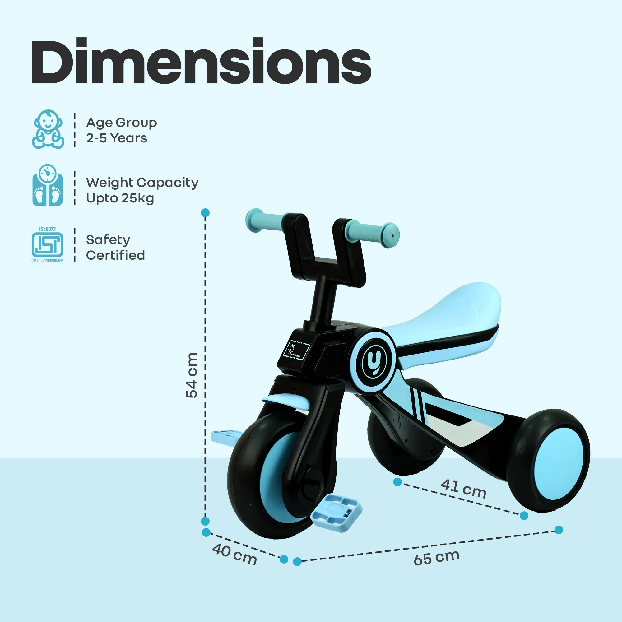 Tiny Toes Y Ace Kids Tricycle for 2–5 Years – BIS Certified Baby Tricycle with Sturdy Frame, Anti-Slip Handlebars, Wide Comfortable Seat & Smooth Wheels for Safe & Fun Riding (Upto 25 kg) - Blue Black - Image 8