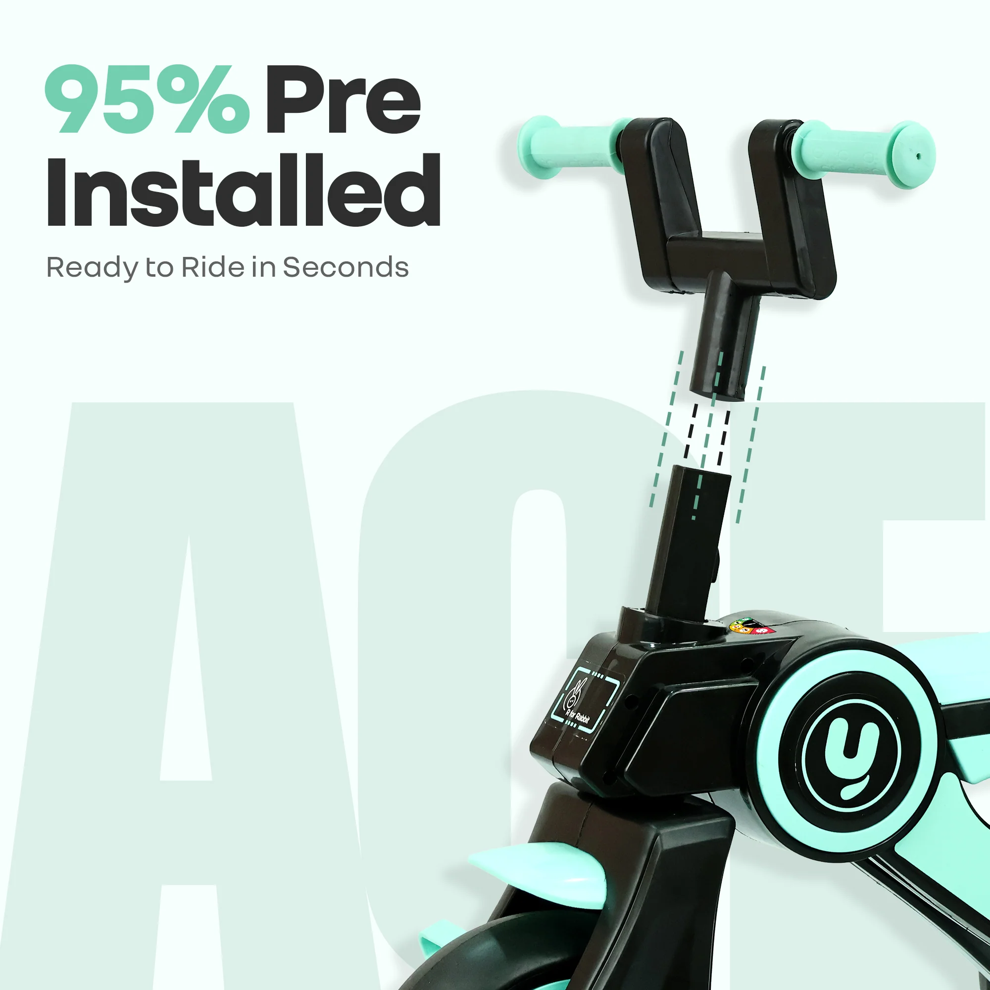 Tiny Toes Y Ace Kids Tricycle for 2–5 Years – BIS Certified Baby Tricycle with Sturdy Frame, Anti-Slip Handlebars, Wide Comfortable Seat & Smooth Wheels for Safe & Fun Riding (Upto 25 kg) - Sea Green Black - Image 4