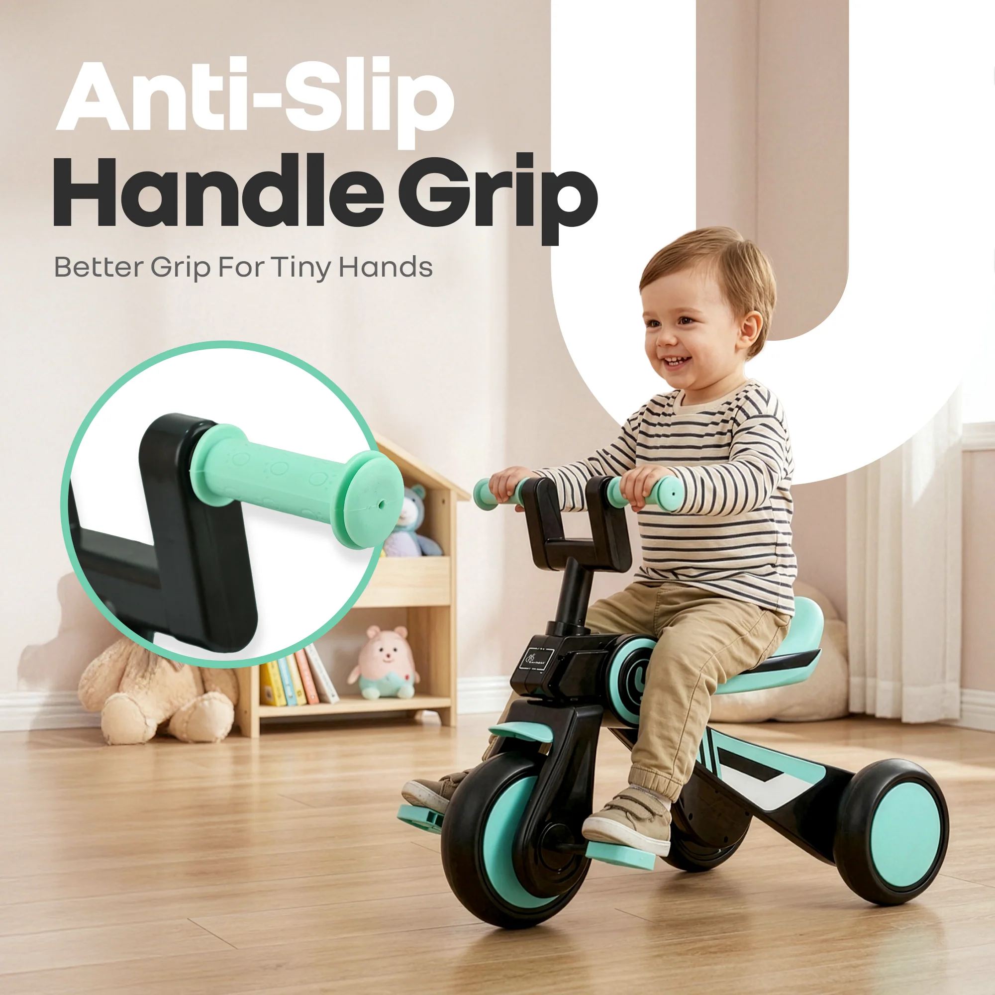 Tiny Toes Y Ace Kids Tricycle for 2–5 Years – BIS Certified Baby Tricycle with Sturdy Frame, Anti-Slip Handlebars, Wide Comfortable Seat & Smooth Wheels for Safe & Fun Riding (Upto 25 kg) - Sea Green Black - Image 5