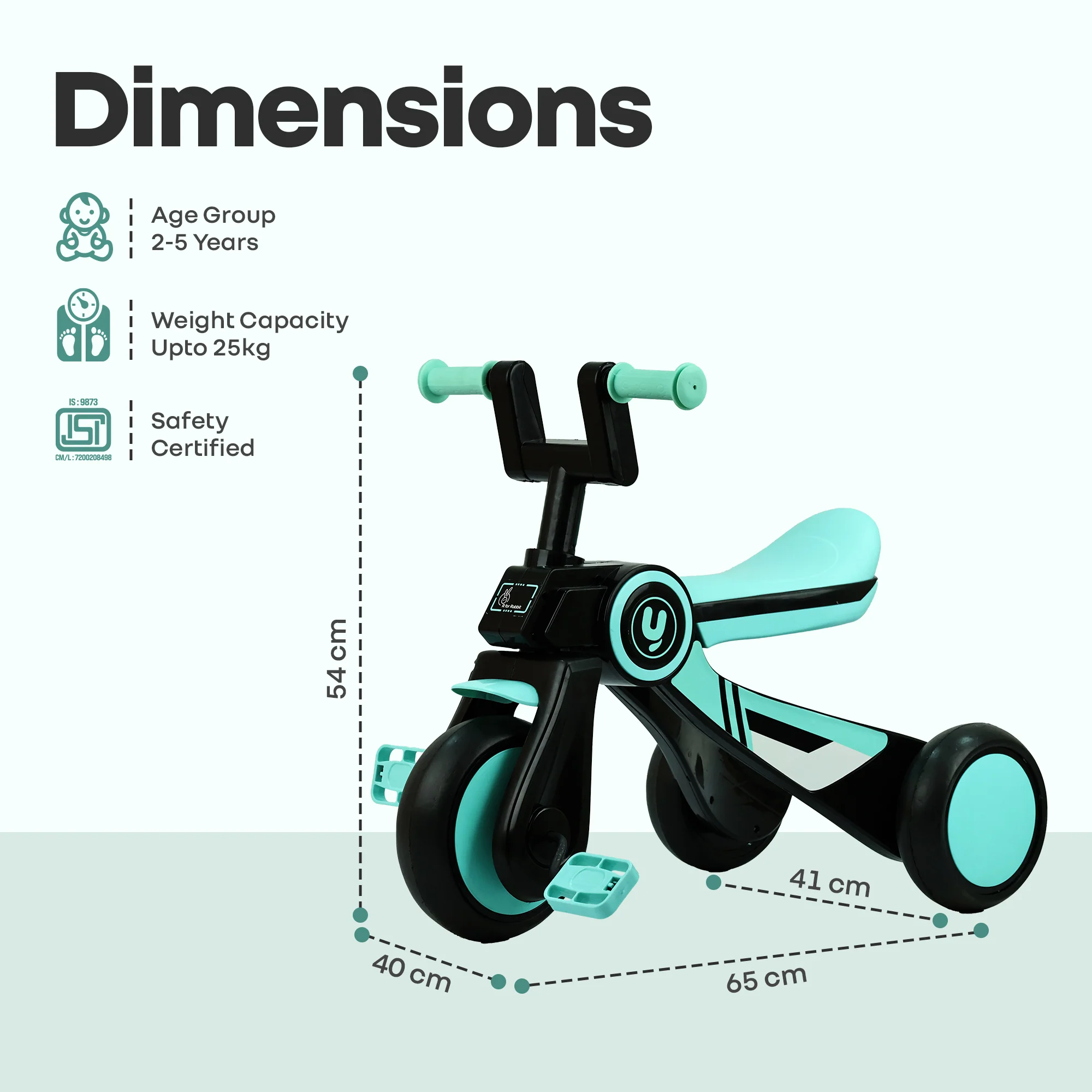 Tiny Toes Y Ace Kids Tricycle for 2–5 Years – BIS Certified Baby Tricycle with Sturdy Frame, Anti-Slip Handlebars, Wide Comfortable Seat & Smooth Wheels for Safe & Fun Riding (Upto 25 kg) - Sea Green Black - Image 8