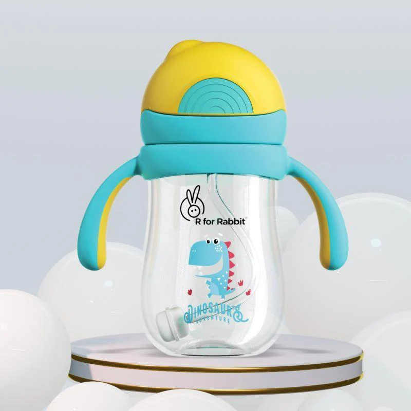 Tritan Dino Straw Sipper Bottle for kids 320ml - Yellow Blue - Image 2