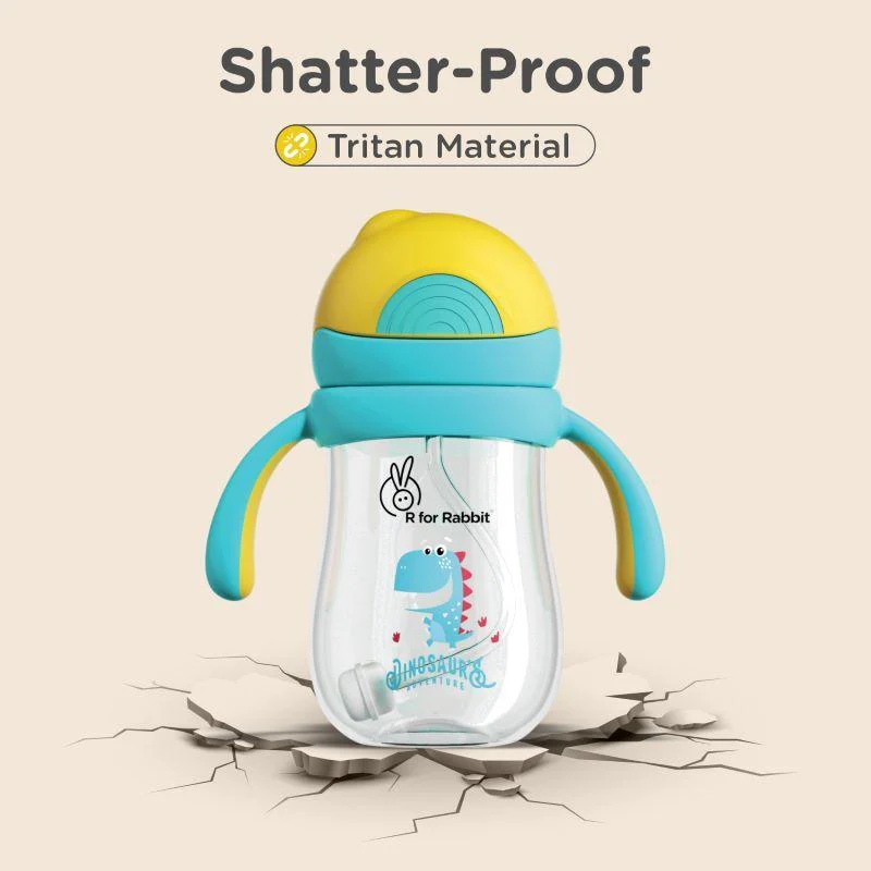 Tritan Dino Straw Sipper Bottle for kids 320ml - Yellow Blue - Image 3