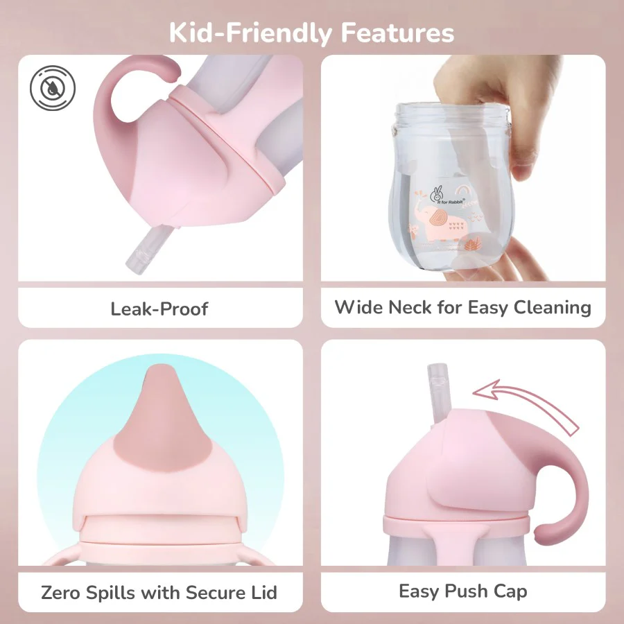 Trunky Baby Straw Sipper Bottle 320ml With Safe BPA free PP Material - Peach Pink - Image 4