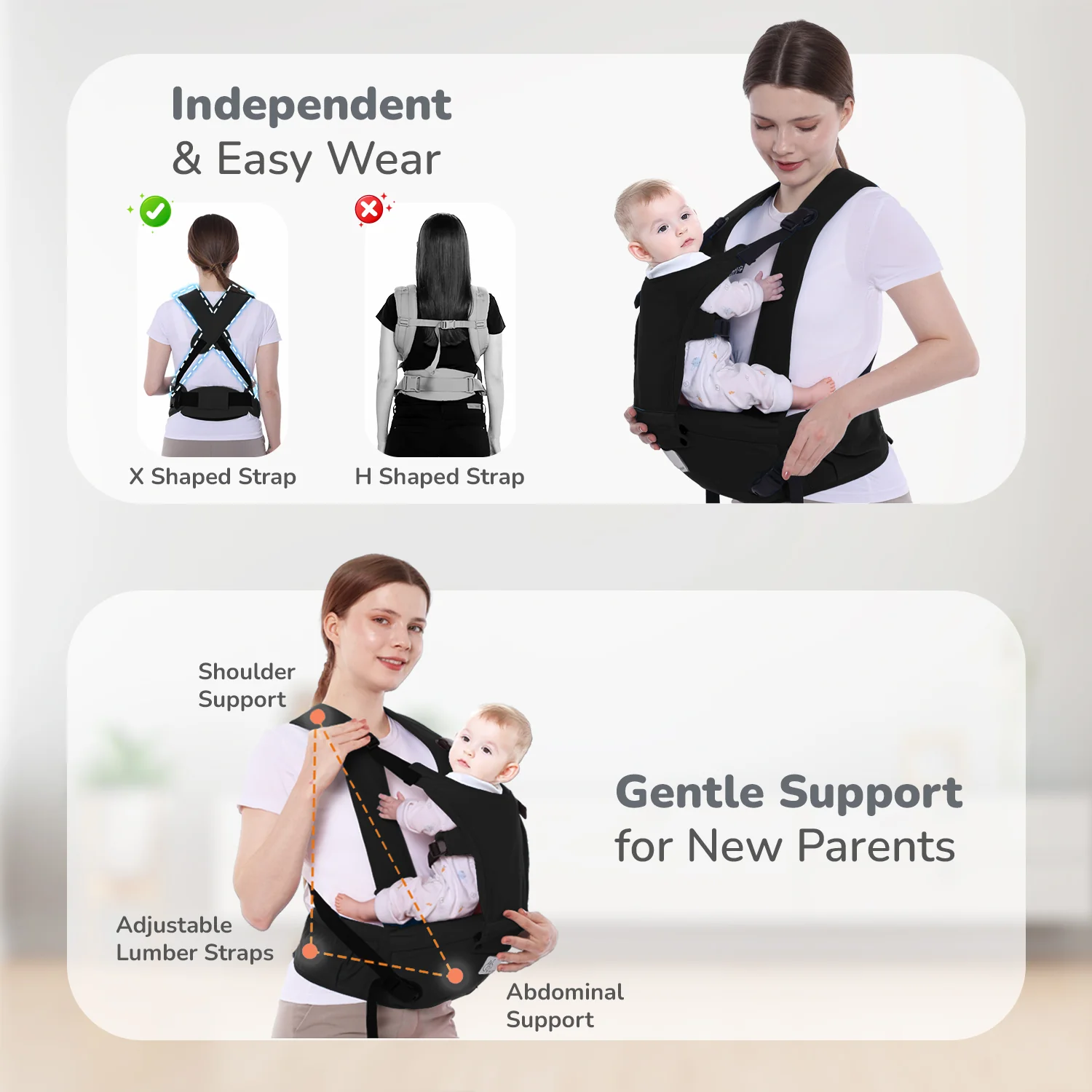 Upsy Daisy Cozy Ergonomic 5-in-1 Hip Sit Baby Carrier for All-Day Comfort - Black - Image 4