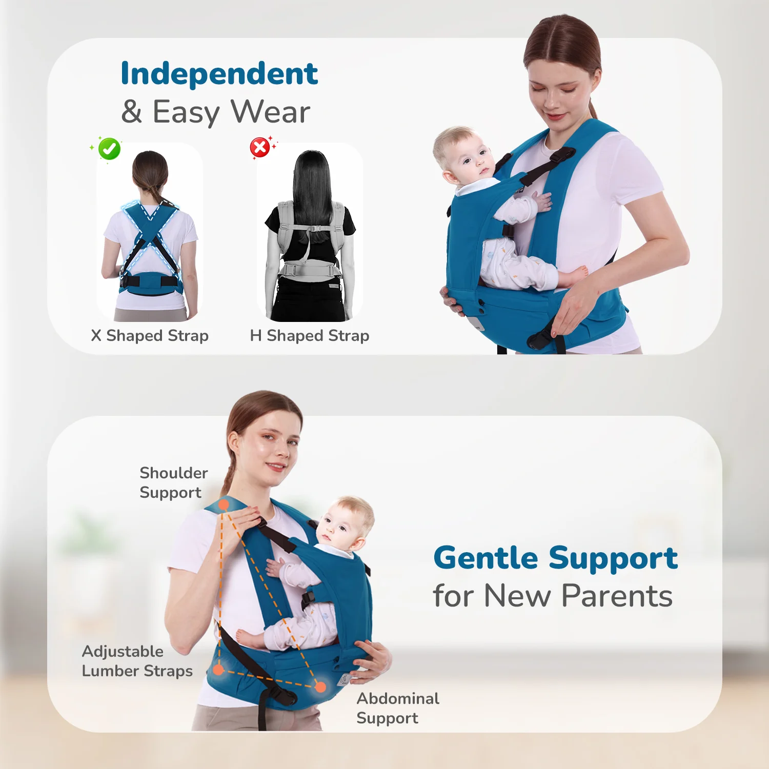 Upsy Daisy Cozy Ergonomic 5-in-1 Hip Sit Baby Carrier for All-Day Comfort - Denim Blue - Image 4