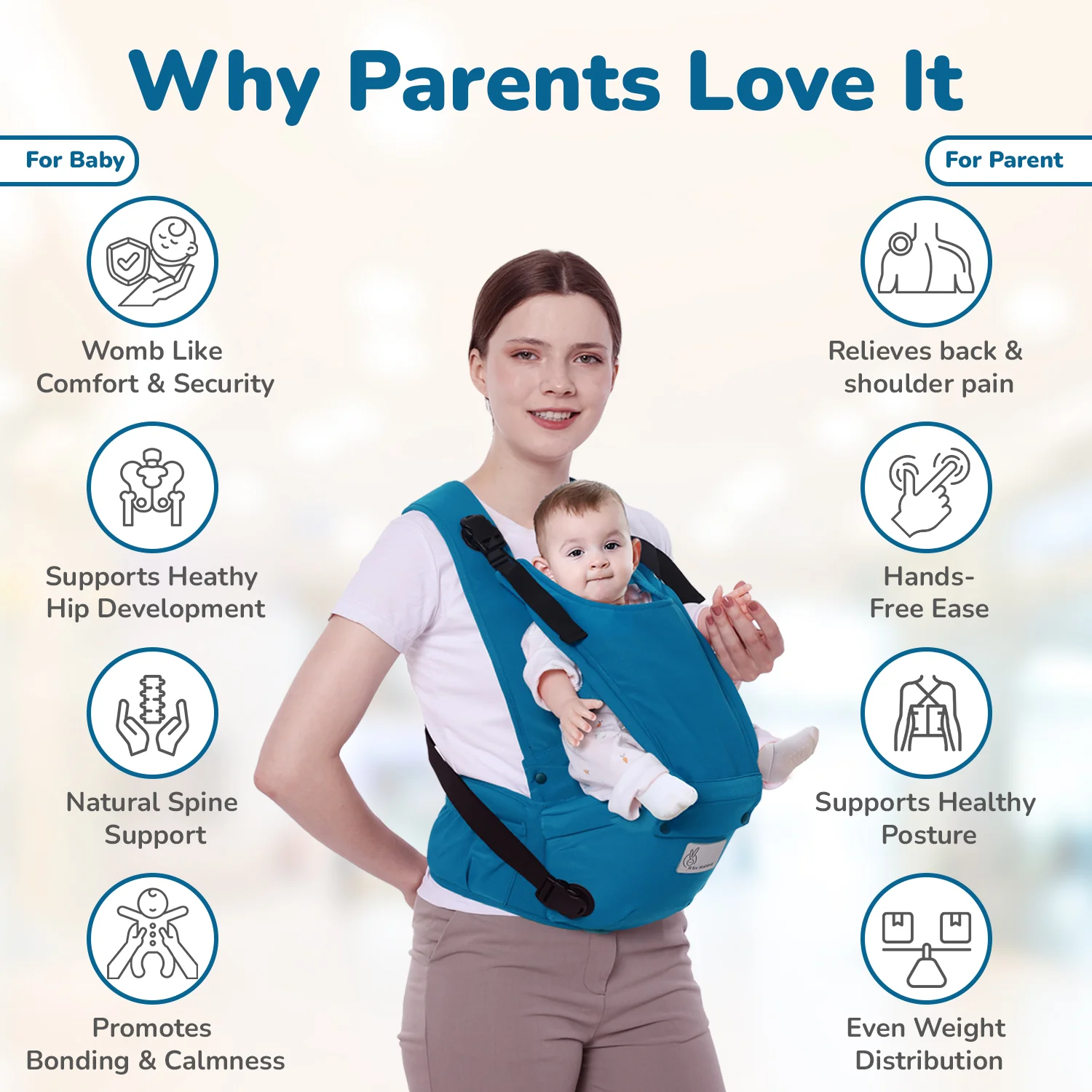 Upsy Daisy Cozy Ergonomic 5-in-1 Hip Sit Baby Carrier for All-Day Comfort - Denim Blue - Image 6