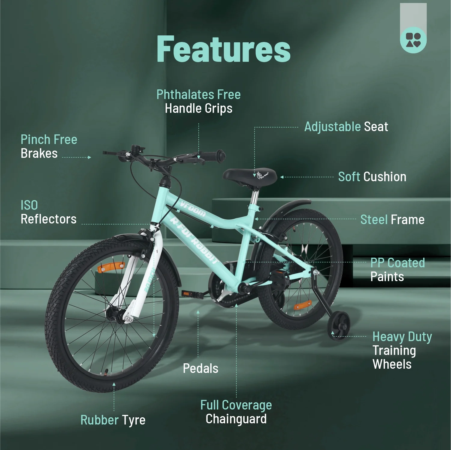 Vroom Bicycle For Kids 20 Inch With 90% Plug And Play For Ease Of Installation, Wide Training Wheels, Adjustable Seat, 7-10yrs, Upto 50kgs - Sea Green - Image 3