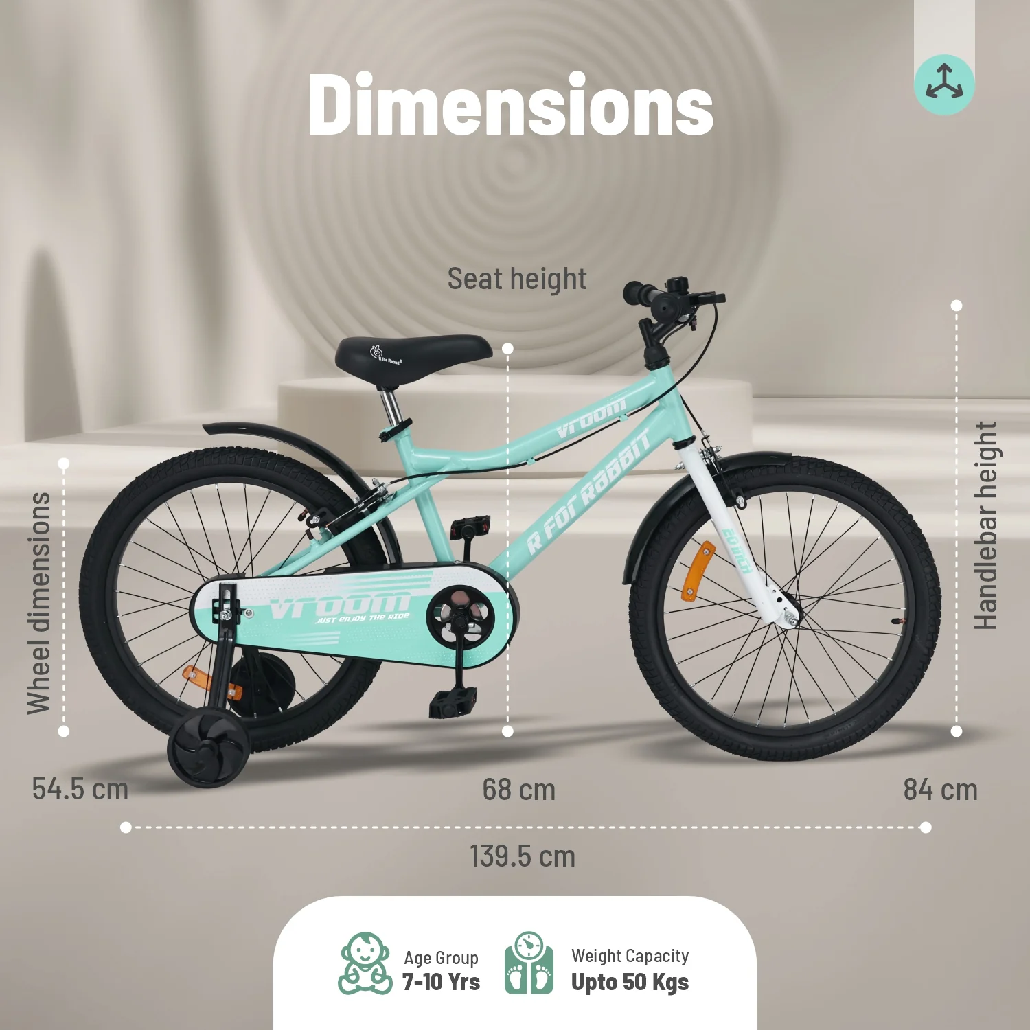 Vroom Bicycle For Kids 20 Inch With 90% Plug And Play For Ease Of Installation, Wide Training Wheels, Adjustable Seat, 7-10yrs, Upto 50kgs - Sea Green - Image 7